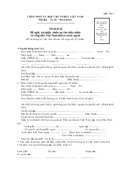Tờ khai đề nghị xác nhận nhân sự cho thân nhân là công dân Việt Nam hiện ở nước ngoài (để sử dụng vào việc làm thủ tục đề nghị cấp hộ chiếu)