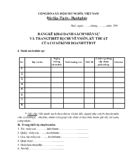 Bảng kê khai danh sách nhân sự và trang thiết bị chuyên môn, kỹ thuật của cơ sở kinh doanh TTBYT