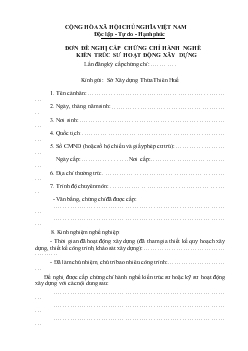Đơn đề nghị cấp chứng chỉ hành nghề kiến trúc sư hoạt động xây dựng