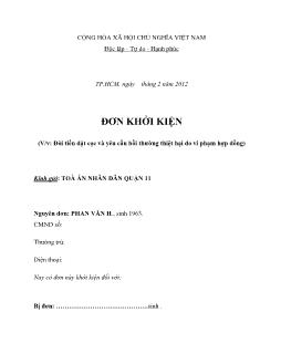 Đơn khởi kiện đòi tiền đặc cọc và yêu cầu bồi thường thiệt hại do vi phạm hợp đồng