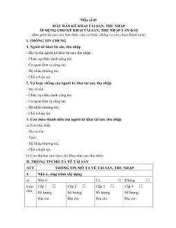 Mẫu bản kê khai tài sản, thu nhập áp dụng cho kê khai tài sản, thu nhập lần đầu (bao gồm tài sản của bản thân, của vợ hoặc chồng và con chưa thành niên)