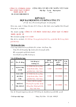 Biên bản họp đại hội đồng cổ đông công ty (về việc thay đổi nội dung đăng ký doanh nghiệp)